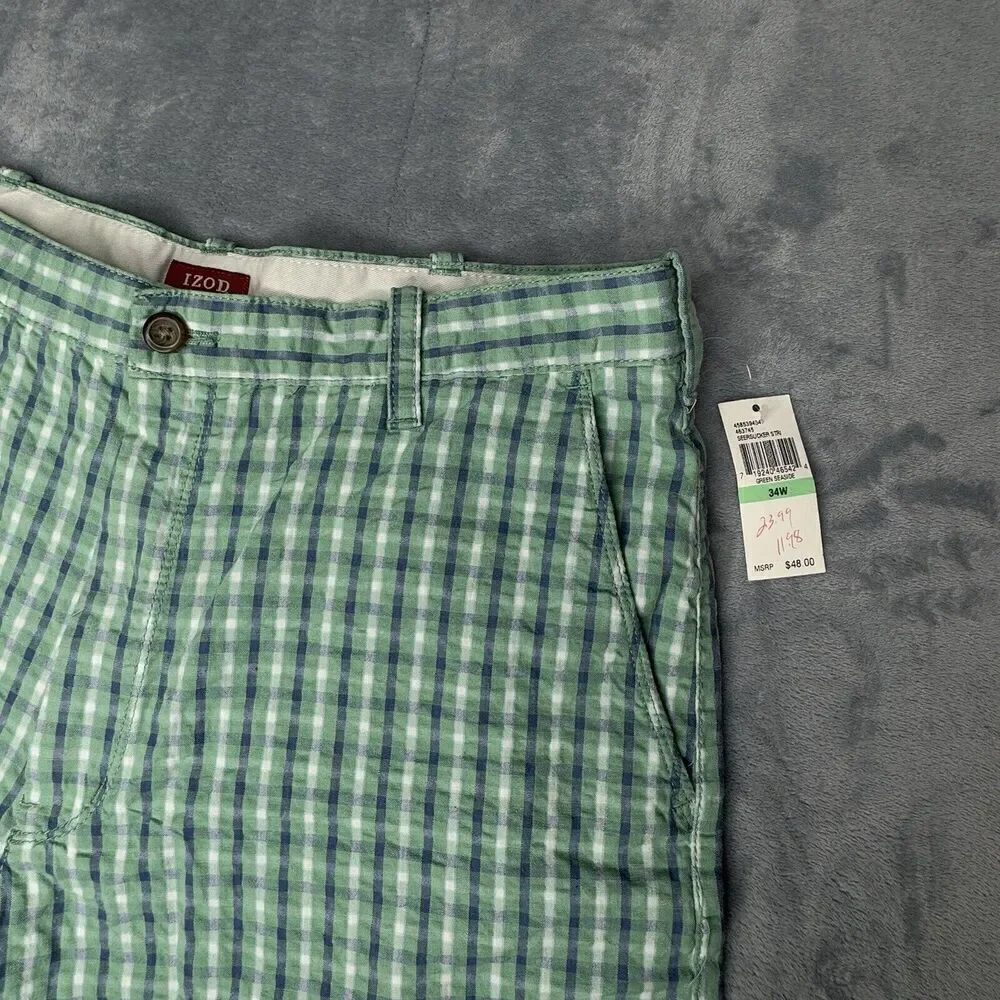 IZOD Men 34 Shorts Green Seersucker Plaid Luxury Sport Chino Golf Flat 9